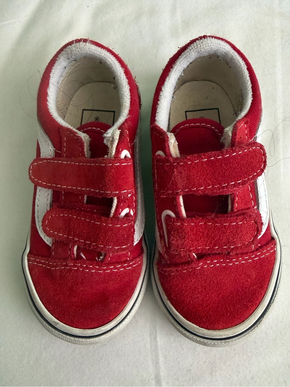 Vans Kids Red Suede Velcro Sneakers with White Side Stripe